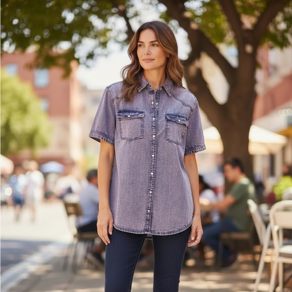Washed Pink Denim Short-Sleeve Button-Front Top